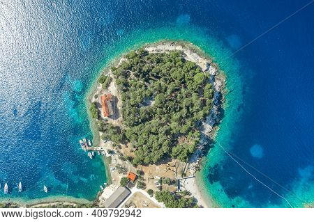 Aerial Overhead Drone Shot Of Penisula On Vis Island In Adriatic Sea In Croatia Summer