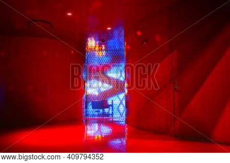 Red Room Abstract Architecture With Blue Door
