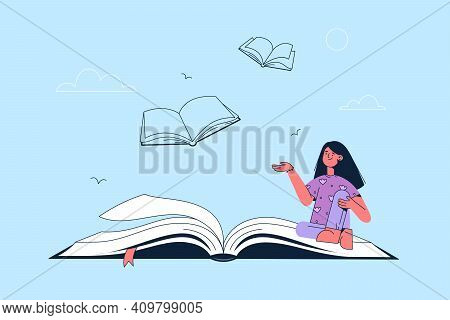 Creativity, New Ideas And Main Books Message Concept. Smiling Woman Cartoon Character Sitting On Ope