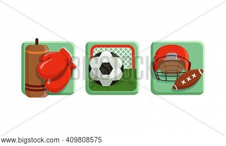 Square Sport Icons Set, Baseball, Boxing, Football Flat Vector Illustration