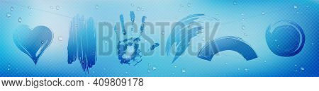 Wipe Stains On Glass With Condensation Water Drops, Palm, Heart And Abstract Imprints On Window. Win