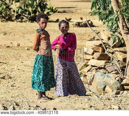 Axum, Ethiopia - Feb 10, 2020: Ethiopian Children Seen On The Road From Axum To Gheralta, Tigray In 