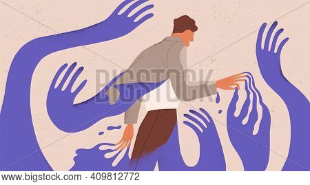 Man Struggling With Fear, Social Influence, Control And Manipulation. Concept Of Escaping From Addic