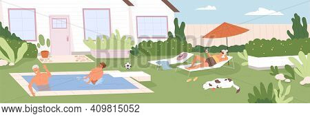 Happy Boy Spending Summer Holidays Together With His Grandparents In Backyard Of House. Grandson And