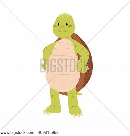 Cute And Happy Green Turtle With Paws On Hips. Funny Smiling Tortoise Character Standing On Back Paw