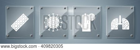 Set Virus Cells In Lung, Hand With Virus, Virus And Pills In Blister Pack. Square Glass Panels. Vect