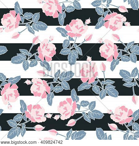 Delicate Pink Roses With Black Stripes Seamless Pattern. Hand Drawn Flat Silhouettes With White Outl