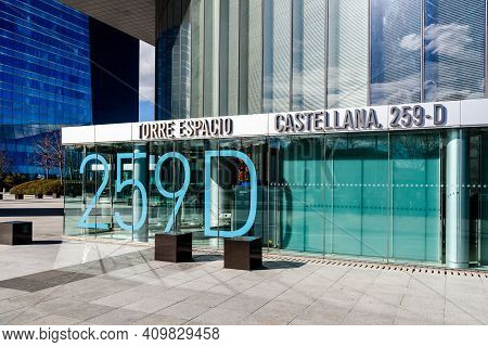 Madrid, Spain - February 7, 2021: Torre Espacio Office Building Entrance. Business And Finance Conce