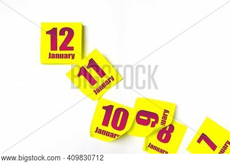 January 12nd. Day 12 Of Month, Calendar Date. Many Yellow Sheet Of The Calendar. Winter Month, Day O