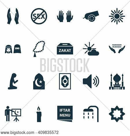 Religion Icons Set With Bomb, Asr, Rosary And Other Gods House Elements. Isolated Vector Illustratio