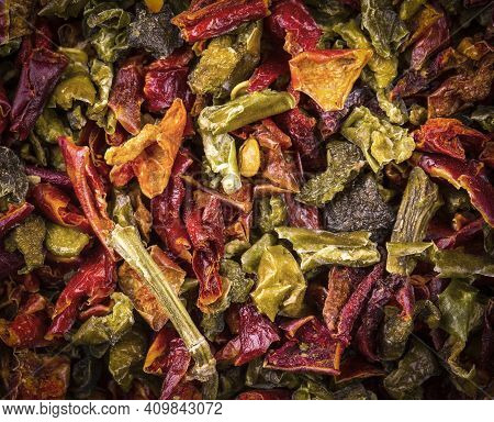 Texture Dried Peppers And Seeds. Close Up