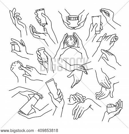 Collection Of Human Hands With Hand Cream, Moisturizer Tube And Can In Different Gestures And Posses