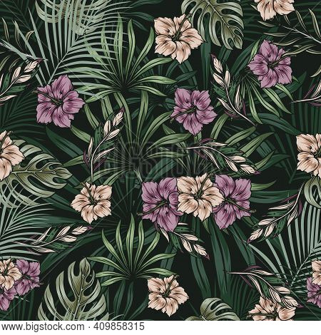 Vintage Tropical Natural Seamless Pattern With Blooming Hibiscus Flowers And Exotic Leaves Vector Il