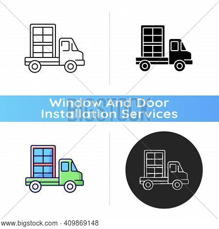 Window Delivery Icon. Customer Service. Delivering Building Materials On Residential Construction Si