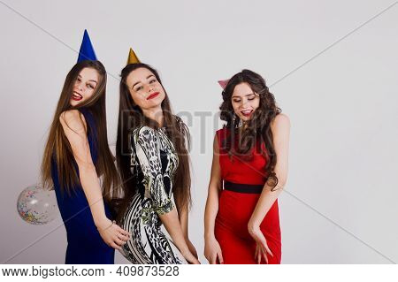 Crazy Party Time Of Three Beautiful Stylish Women In Elegant Evening Outfit Celebrating , Having Fun