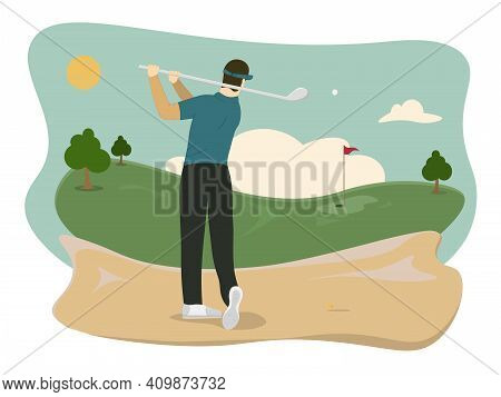 Countryside Golf Course With Flags, Greens And Sand Bunker. Golf Tournament With Green Golf Field.