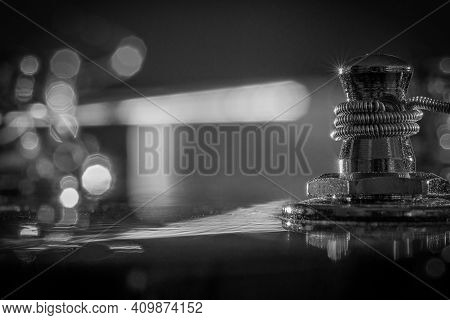 Black & White Macro Of A Guitar Tuning Peg With String - Background Bokeh