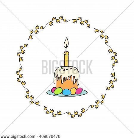 Drawn Easter Cake With A Candle And Painted Eggs.