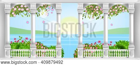 Vector Palace Balustrade, Ancient Roman Marble Balcony With Arches, Pillars, Handrail, Blossom, Rose