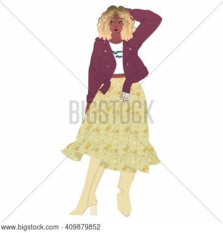 Cool Fashionista Woman In Biker Jacket, High Boots, Chiffon Skirt And Crop Tee.young Blonde With Afr