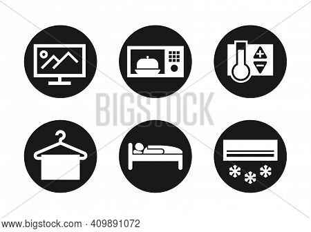 Hotel Services And Devices Icons Set. For Scheme Of Appartment Interior - Tv, Microwave, Heating Or 