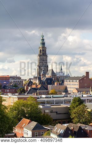 Groningen, The Netherlands - 17 Oct, 2020: Aerial View Of The Martini Tower In The Sun With A Cloude