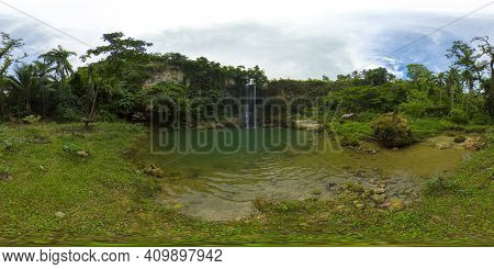 Beautiful Waterfall In Green Forest. Tropical Kilab Kilab Falls In Mountain Jungle. Bohol, Philippin