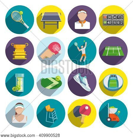 Tennis Sport Game Flat Icons Set With Ball Field Shoes Players Isolated Vector Illustration