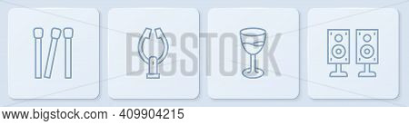 Set Line Matches, Wine Glass, Meat Tongs And Stereo Speaker. White Square Button. Vector