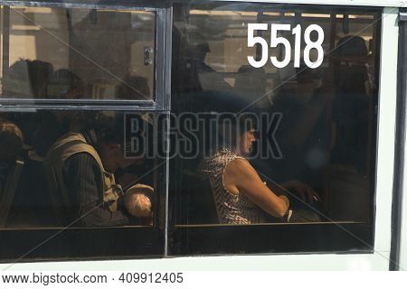 People Passengers Without Medical Masks Ride On A Crowded Public Transport Bus, Rush Hour. 20.07.202