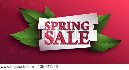 Spring Sale Background With Beautiful Green Leaves. Template Design For Flyers, Posters Or Brochures