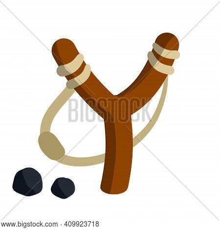 Slingshot. Wooden Catapult. Children Toy For Throwing Stones. Shooting And Small Rock. Flat Cartoon 