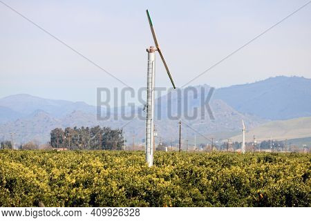 February 24, 2021 In Farmersville, Ca:  Wind Machines To Circulate The Air To Prevent Citrus Freezes