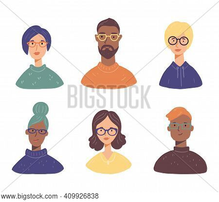 Set Of Young People Charactar Avatars With Different Hair, Clothes, Glasses. People Have Smiling Fac
