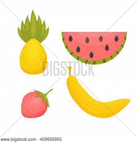 Stylish, Cute Set Of Summer Fruits Watermelon, Strawberry, Banana, Pineapple In Simple Scandinavian,