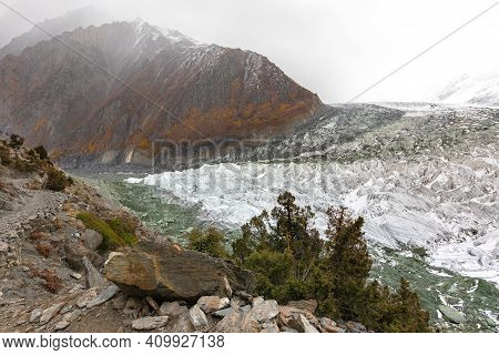 Massive Glacier Ice Field In Mountains Rakaposhi Base Camp. High Quality Photo