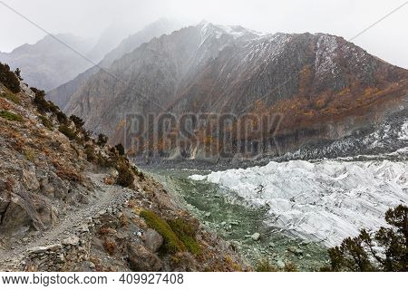 Massive Glacier Ice Field In Mountains Rakaposhi Base Camp. High Quality Photo