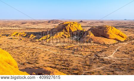 Landscape Around Spitzkoppe, Aka Spitzkop, With Massive Granite Rock Formations At Sunset Time. Nami