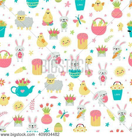 Vector Seamless Pattern For Easter And Spring Designs With Rabbits And Eggs