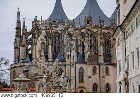 St. Barbara's Church, Unique Gothic Cathedral And Former Jesuit College, Gallery With Baroque Statue