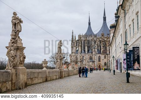 St. Barbara's Church, Unique Gothic Cathedral And Former Jesuit College, Gallery With Baroque Statue