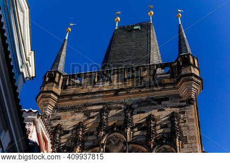 Architectural Parts Of Gothic Charles Bridge Tower, Mostecka Street, Stone Carved Art Ornament Detai