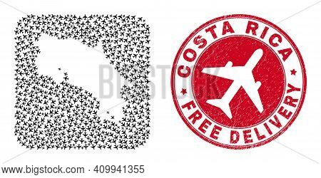 Vector Collage Costa Rica Map Of Aviation Items And Grunge Free Delivery Seal Stamp.