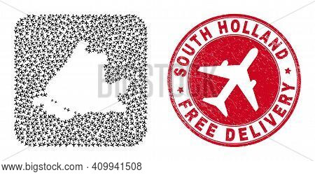Vector Collage South Holland Map Of Aircraft Items And Grunge Free Delivery Seal Stamp.