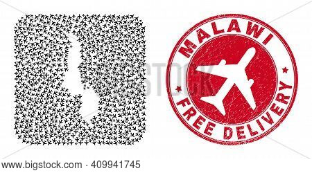 Vector Mosaic Malawi Map Of Air Plane Items And Grunge Free Delivery Seal Stamp. Mosaic Geographic M