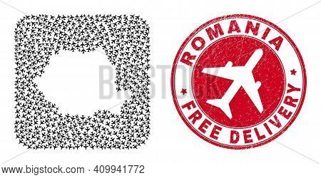 Vector Collage Romania Map Of Airplane Items And Grunge Free Delivery Seal. Collage Geographic Roman