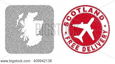 Vector Collage Scotland Map Of Aeroplane Elements And Grunge Free Delivery Badge. Collage Geographic