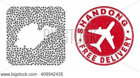 Vector Collage Shandong Province Map Of Air Plane Items And Grunge Free Delivery Badge.