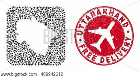 Vector Mosaic Uttarakhand State Map Of Jet Vehicle Items And Grunge Free Delivery Stamp. Mosaic Geog