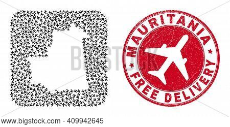 Vector Collage Mauritania Map Of Aircraft Elements And Grunge Free Delivery Seal.